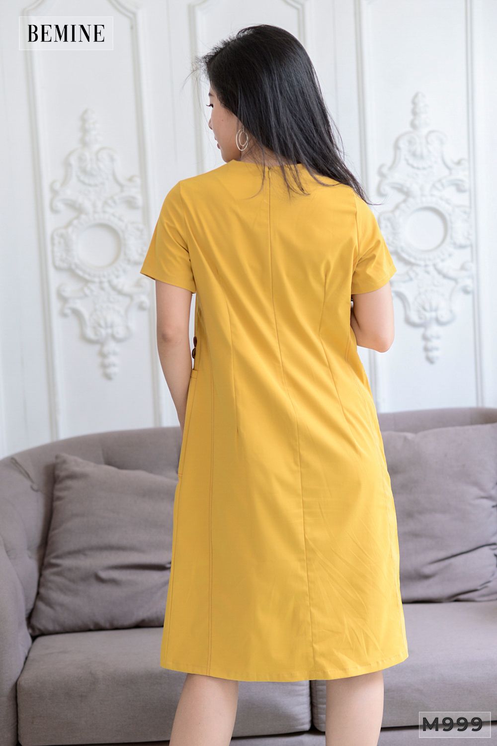 M999VANG - Đầm babydoll cúc đính bên sườn