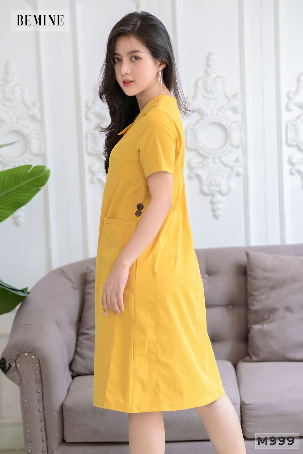 M999VANG - Đầm babydoll cúc đính bên sườn