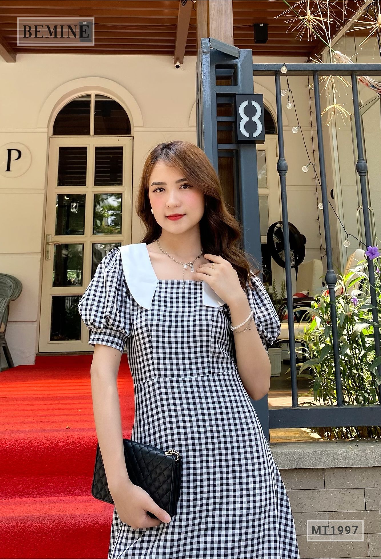 MT1997ĐEN - Đầm caro phối cổ sơ mi trắng