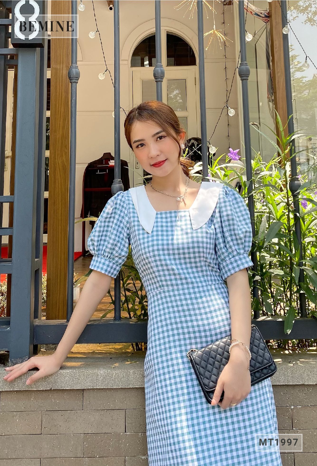 MT1997XANH - Đầm caro phối cổ sơ mi trắng