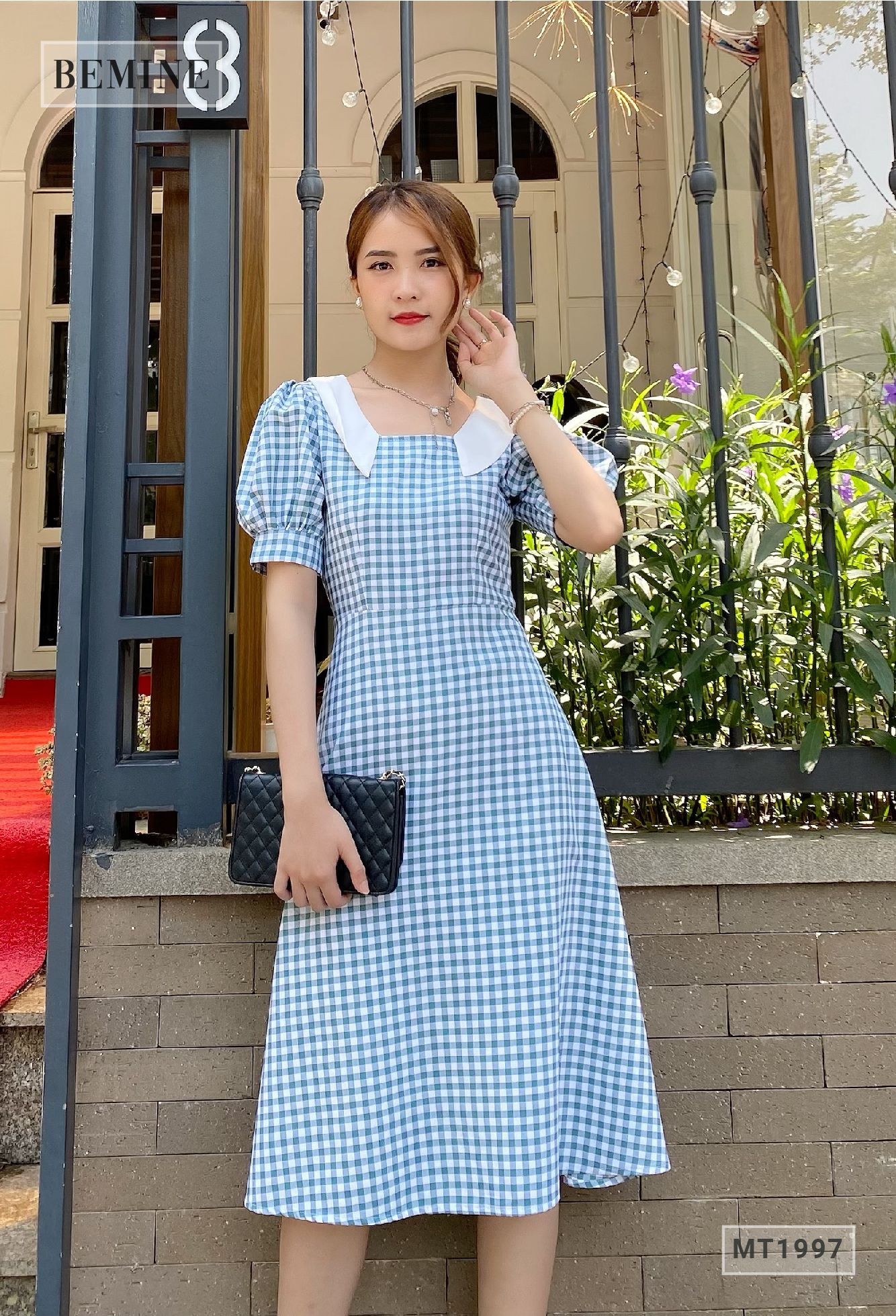 MT1997XANH - Đầm caro phối cổ sơ mi trắng