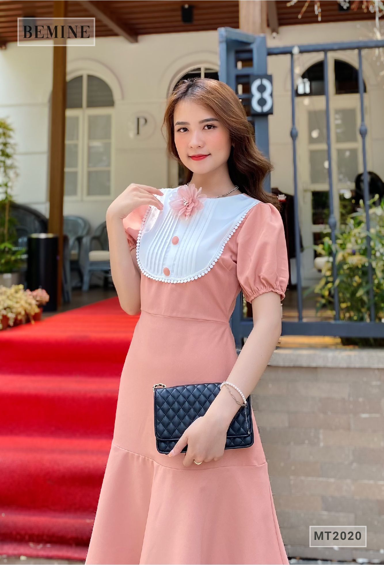MT2020HONG - Đầm phối trắng hoa ngực