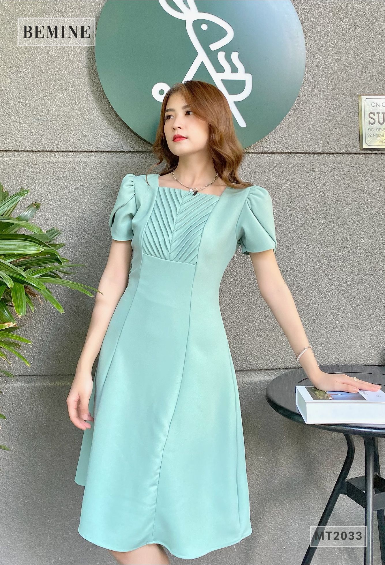 MT2033XANH - Đầm sếp ly ngực tùng xòe