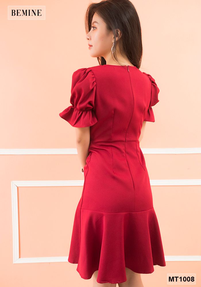 MT1008DO - Đầm đỏ cổ chéo chun hông