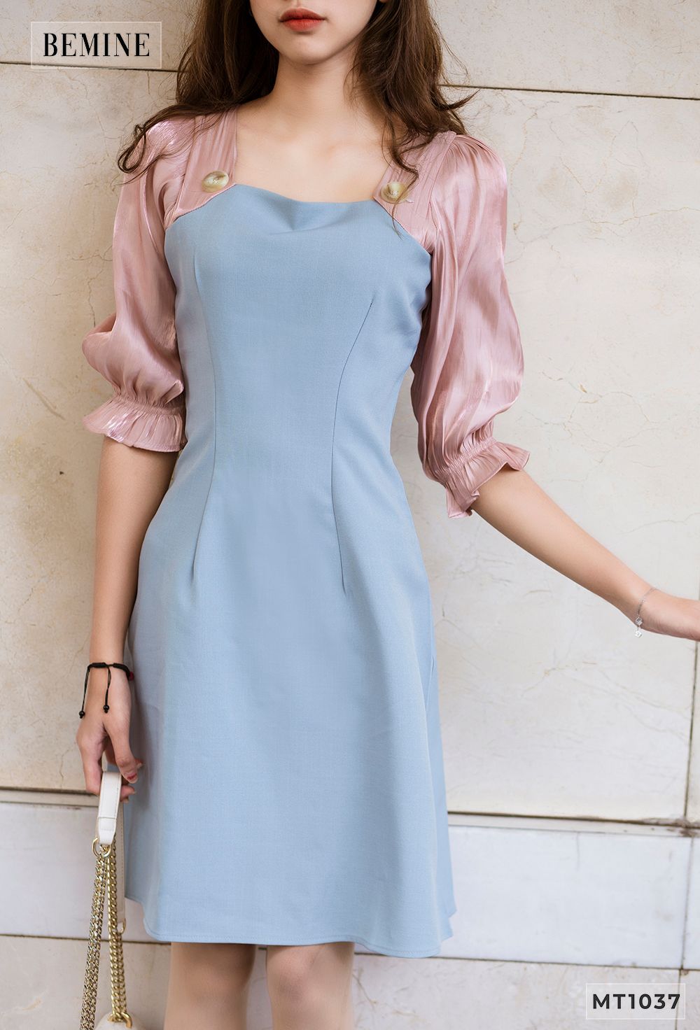 MT1037XANH - Đầm xanh phối 2 nút bên