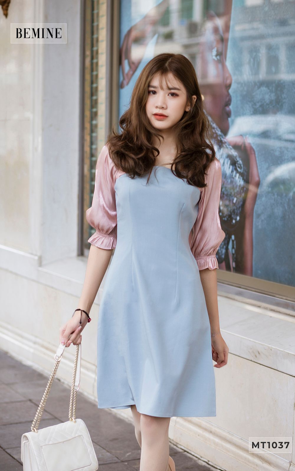 MT1037XANH - Đầm xanh phối 2 nút bên