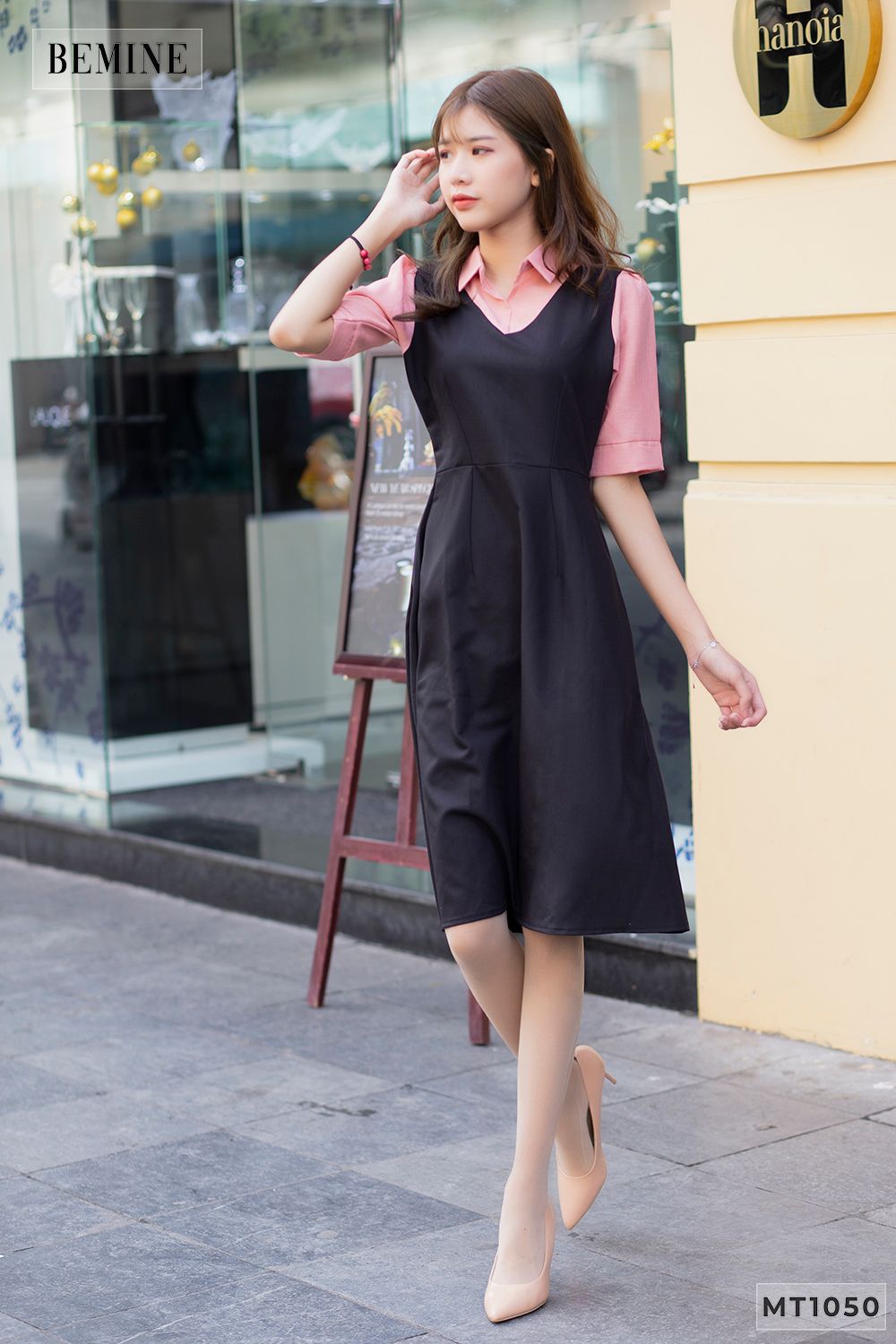 MT1050DEN - Đầm sơmi phối cổ tay hồng
