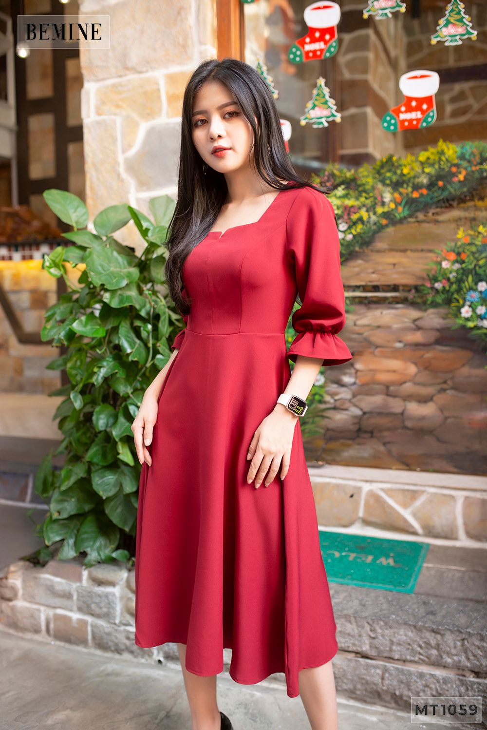 MT1059DO - Đầm cổ V thun tay