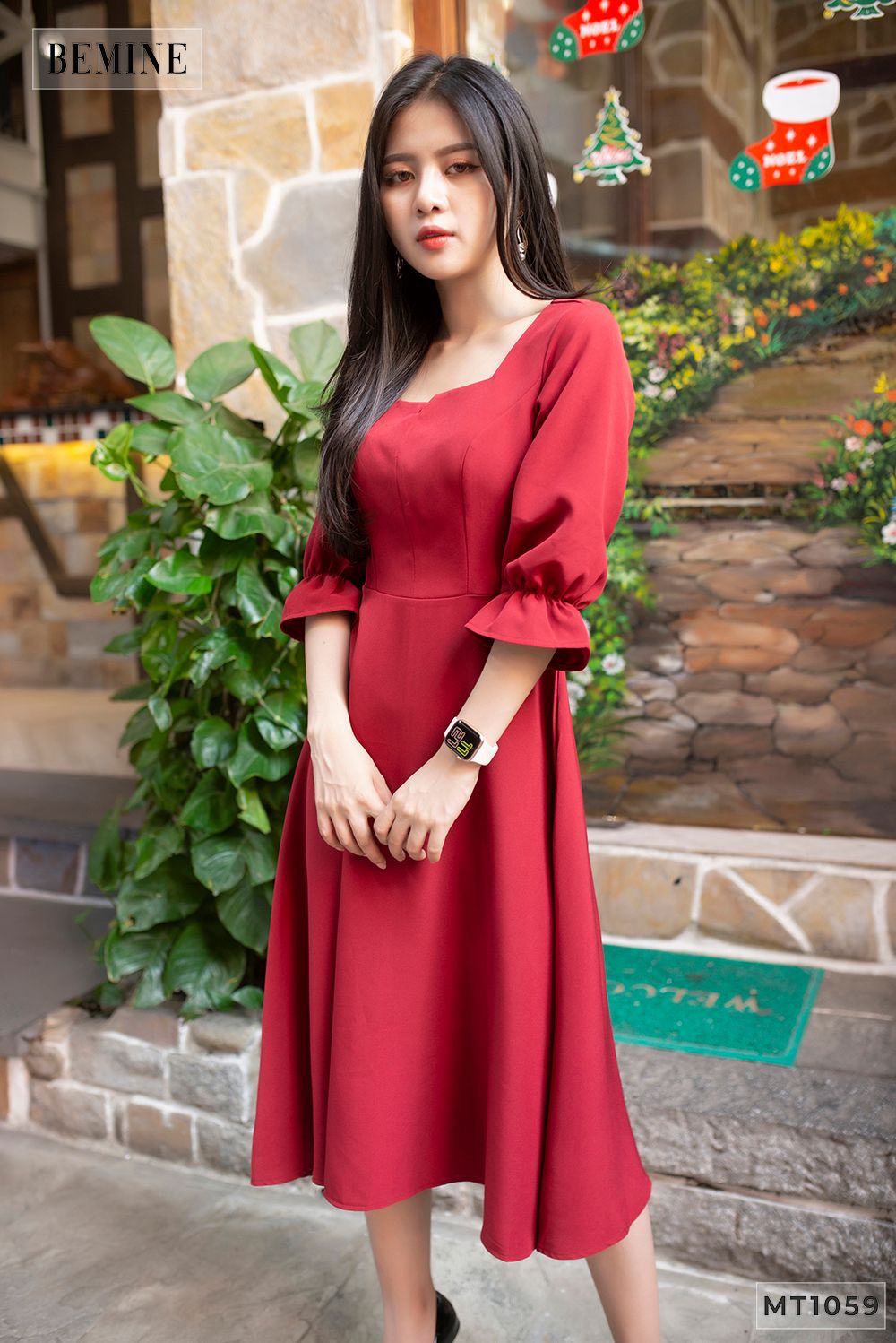MT1059DO - Đầm cổ V thun tay