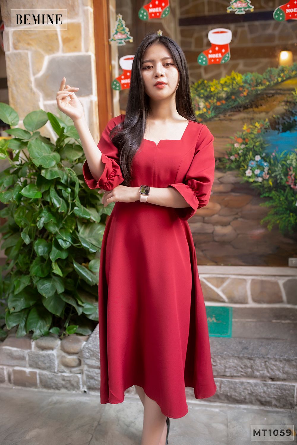 MT1059DO - Đầm cổ V thun tay