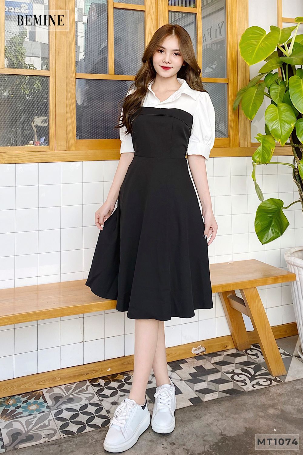 MT1074DEN - Đầm đen tay phồng phối trắng