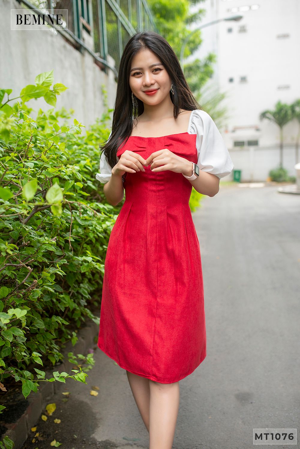 MT1076DO - Đầm tay phối nơ cổ