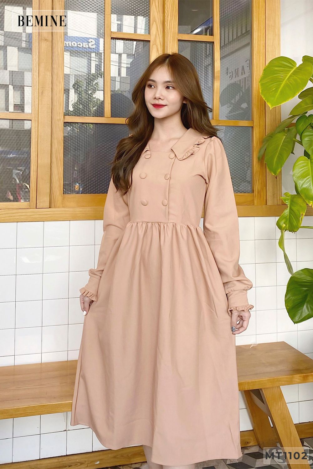 MT1102NUDE - Đầm tay dài 6 nút