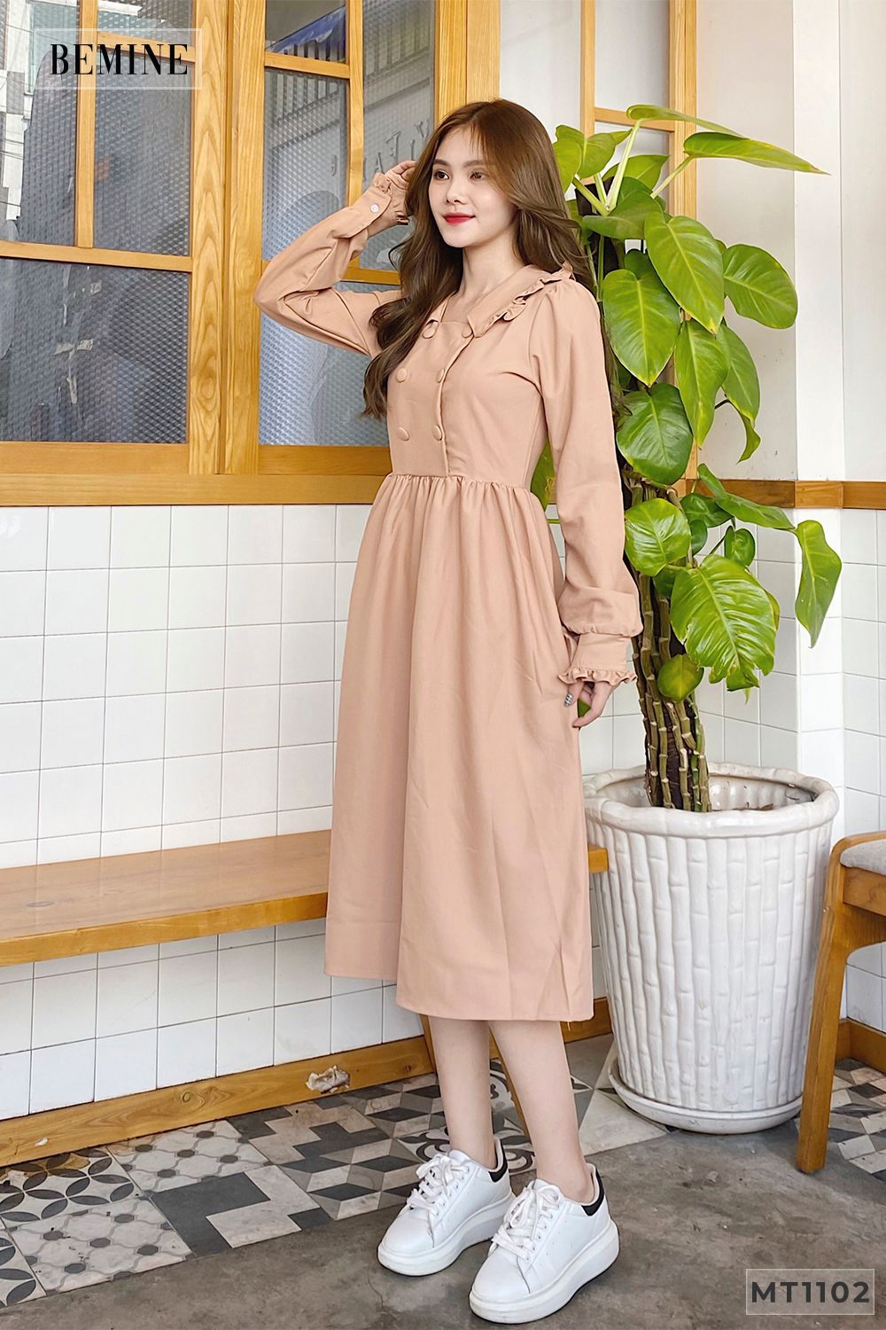 MT1102NUDE - Đầm tay dài 6 nút