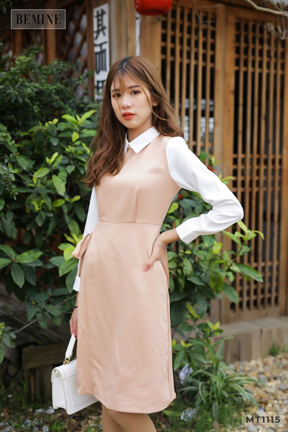 MT1115DA - Đầm nơ eo phối tay trắng cổ piter