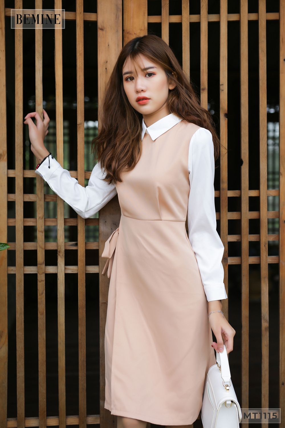 MT1115DA - Đầm nơ eo phối tay trắng cổ piter