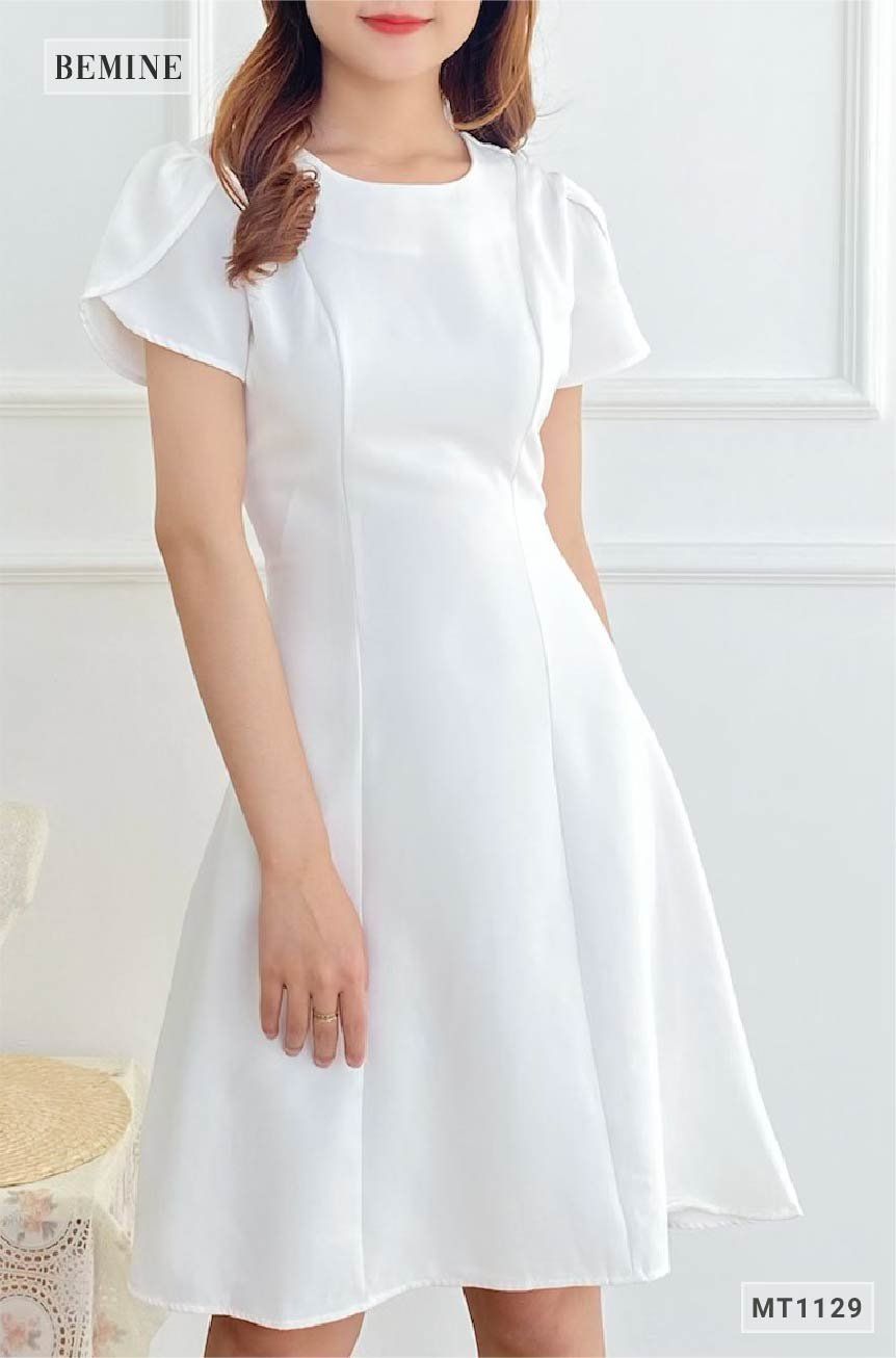 MT1129TRANG - Đầm cổ Vich tay búp