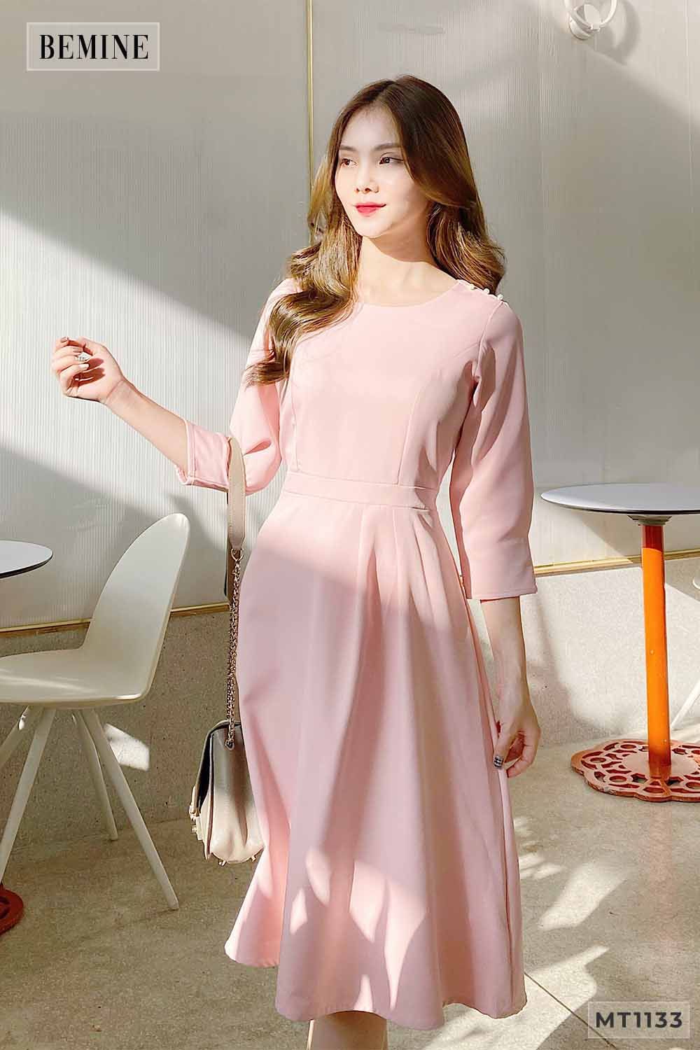 MT1133HONG - Đầm xòe vai đính cườm