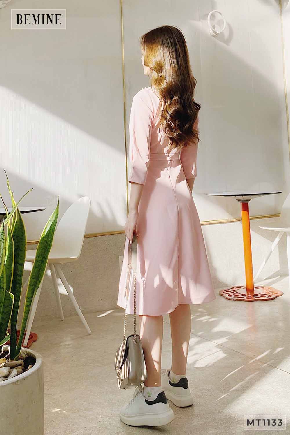 MT1133HONG - Đầm xòe vai đính cườm
