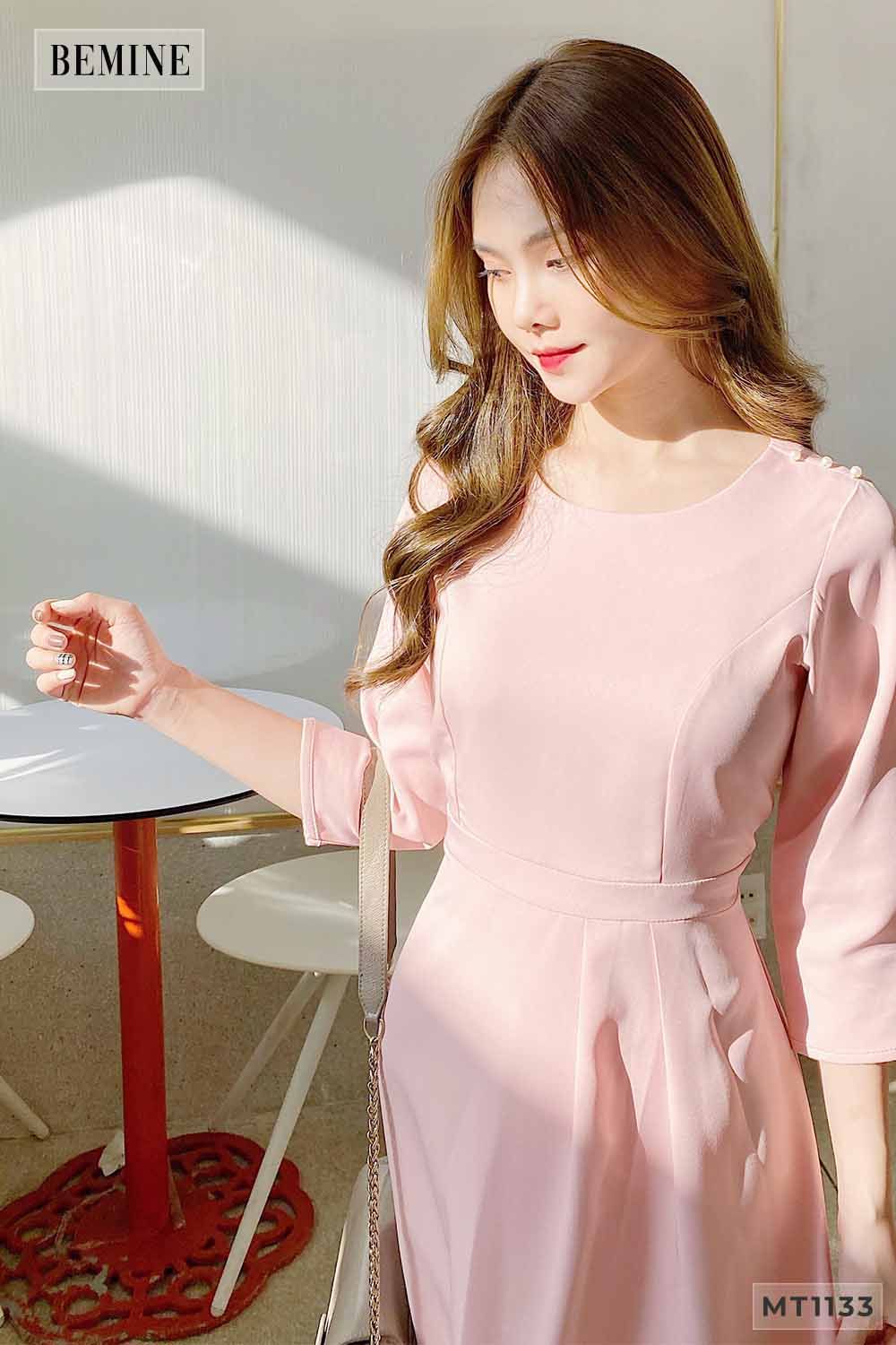 MT1133HONG - Đầm xòe vai đính cườm