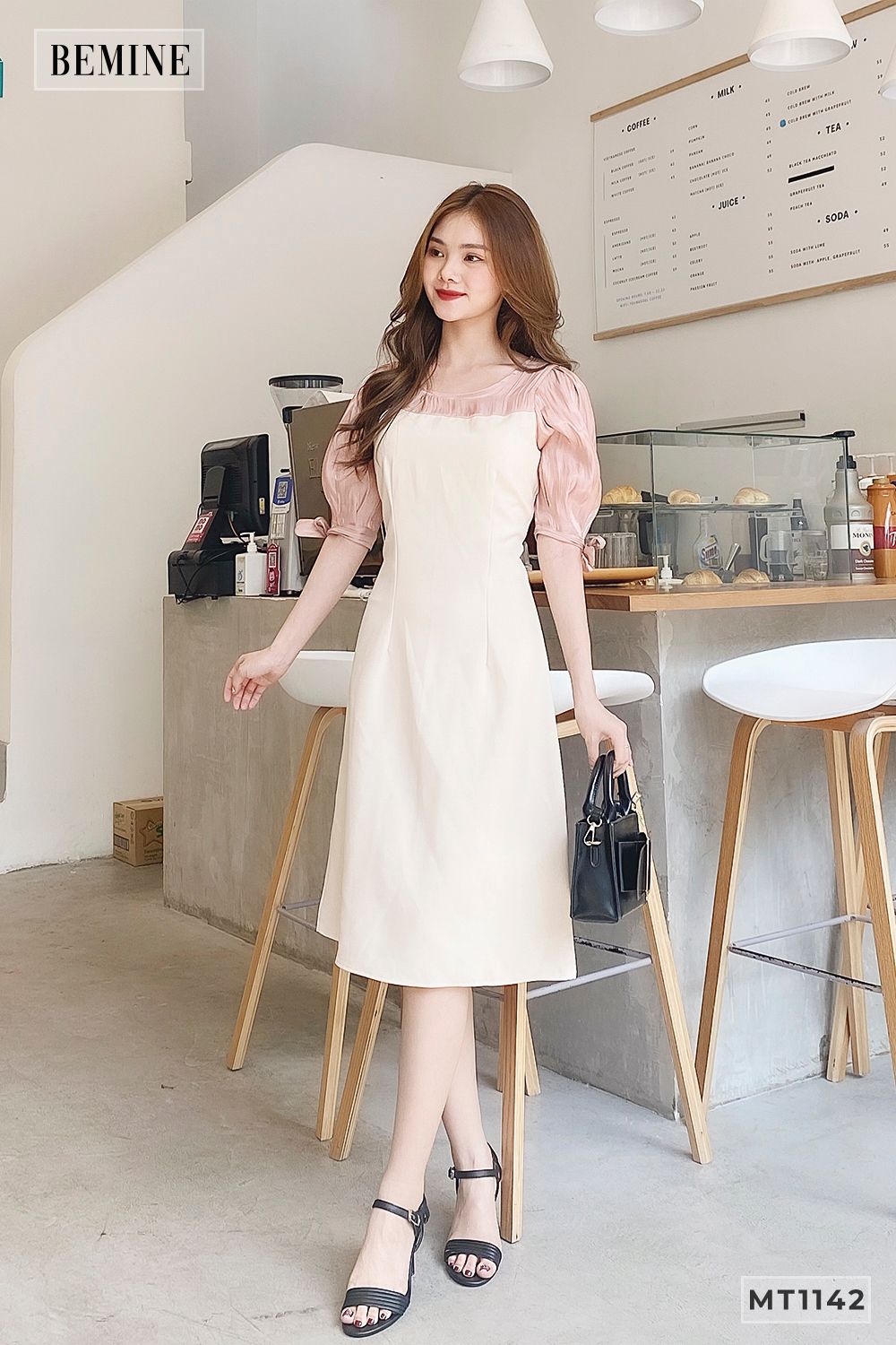 MT1142DA - Đầm da phối tay cột nơ