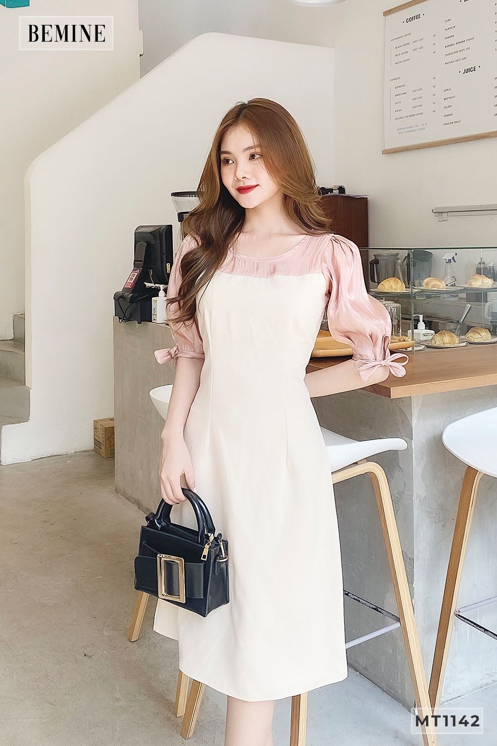 MT1142DA - Đầm da phối tay cột nơ