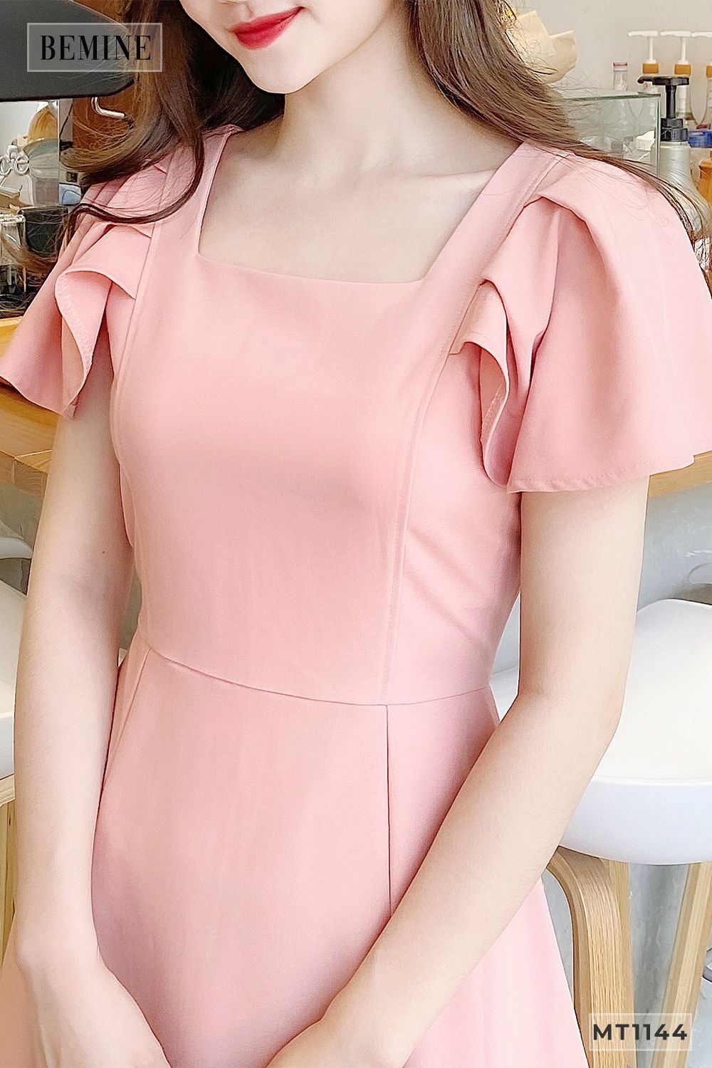 MT1144HONG - Đầm cổ vuông tay cánh tiên