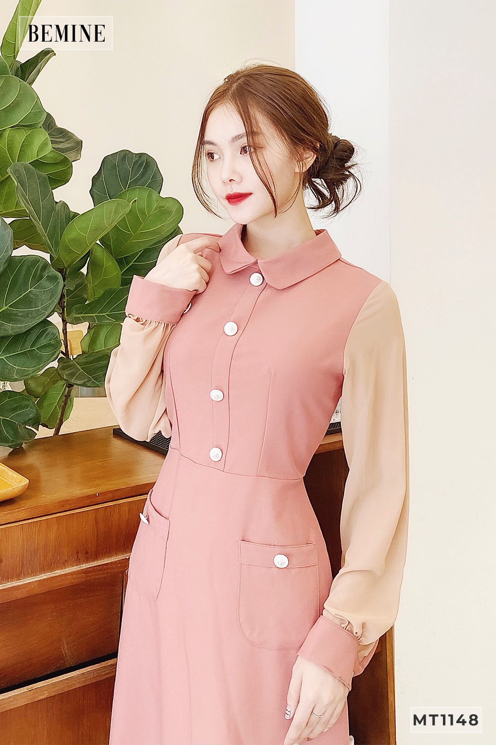 MT1148RUOC - Đầm cổ piter phối tay voan đính nút trụ