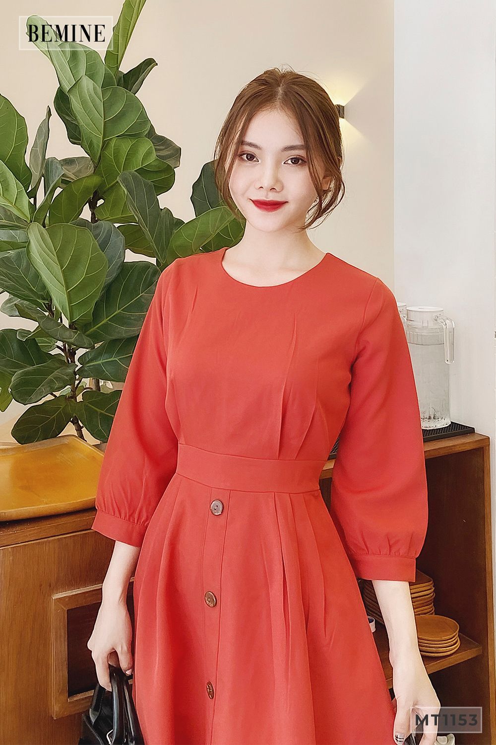 MT1153CAM - Đầm xòe xếp ly eo 4 nút dọc