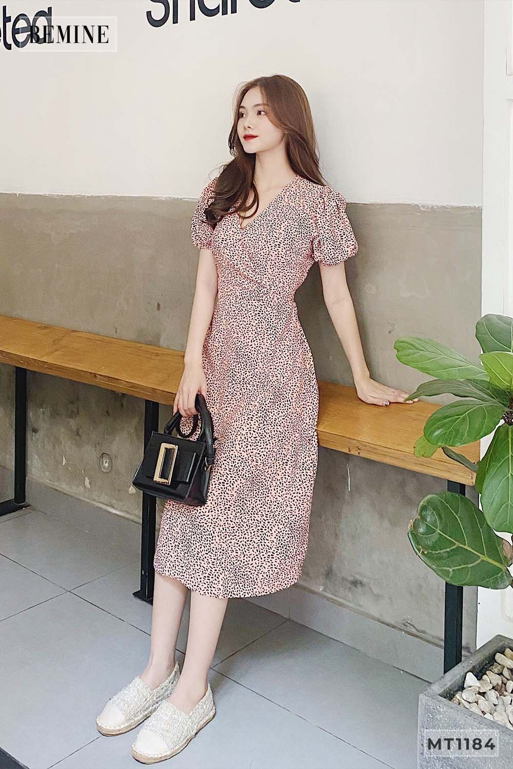 MT1184VANG - Đầm tay bồng cột nơ eo
