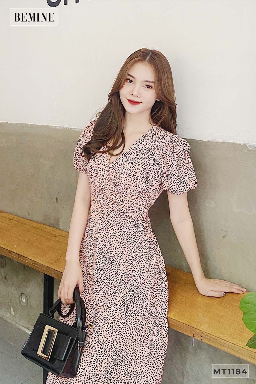 MT1184VANG - Đầm tay bồng cột nơ eo