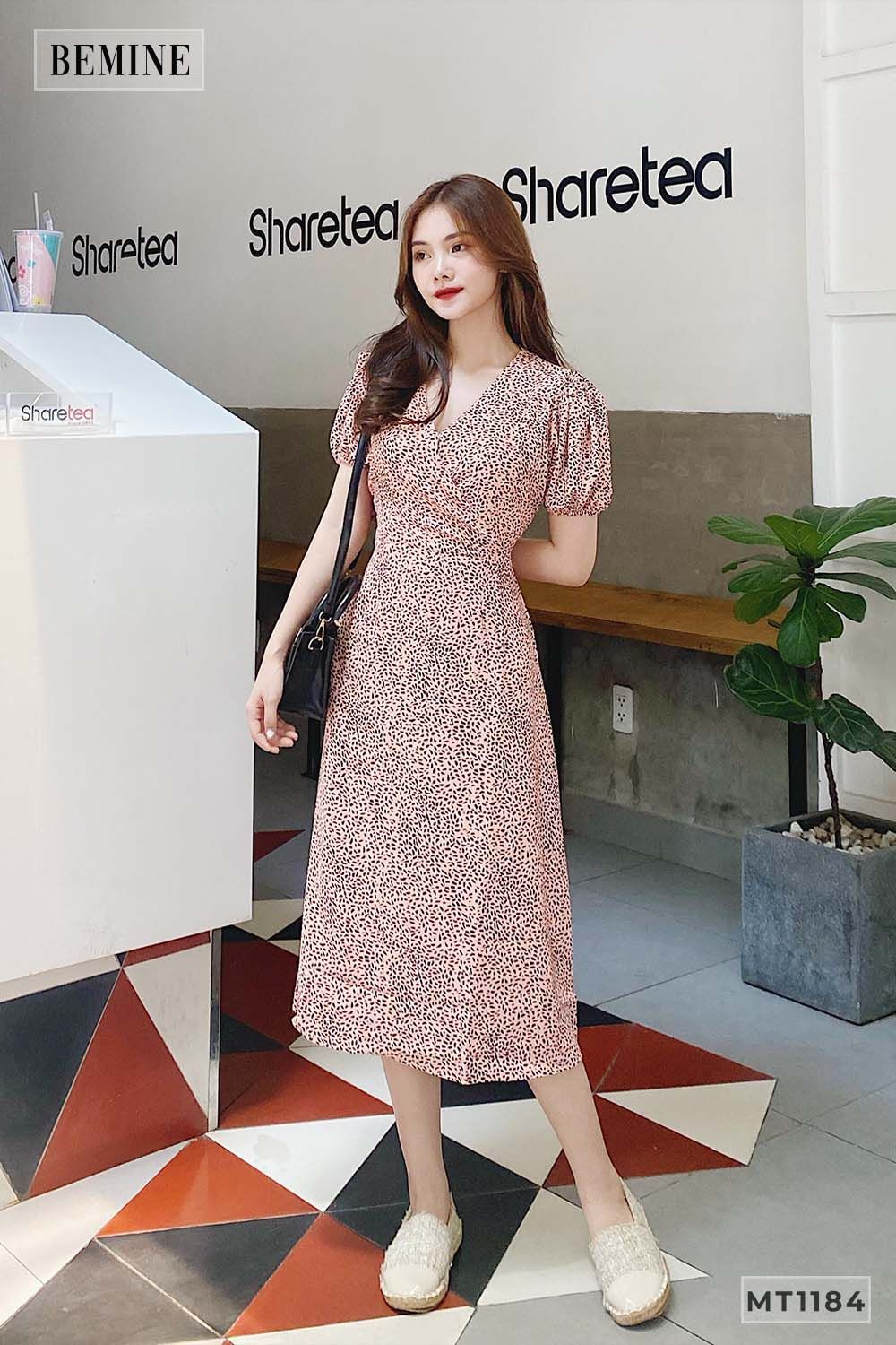 MT1184VANG - Đầm tay bồng cột nơ eo