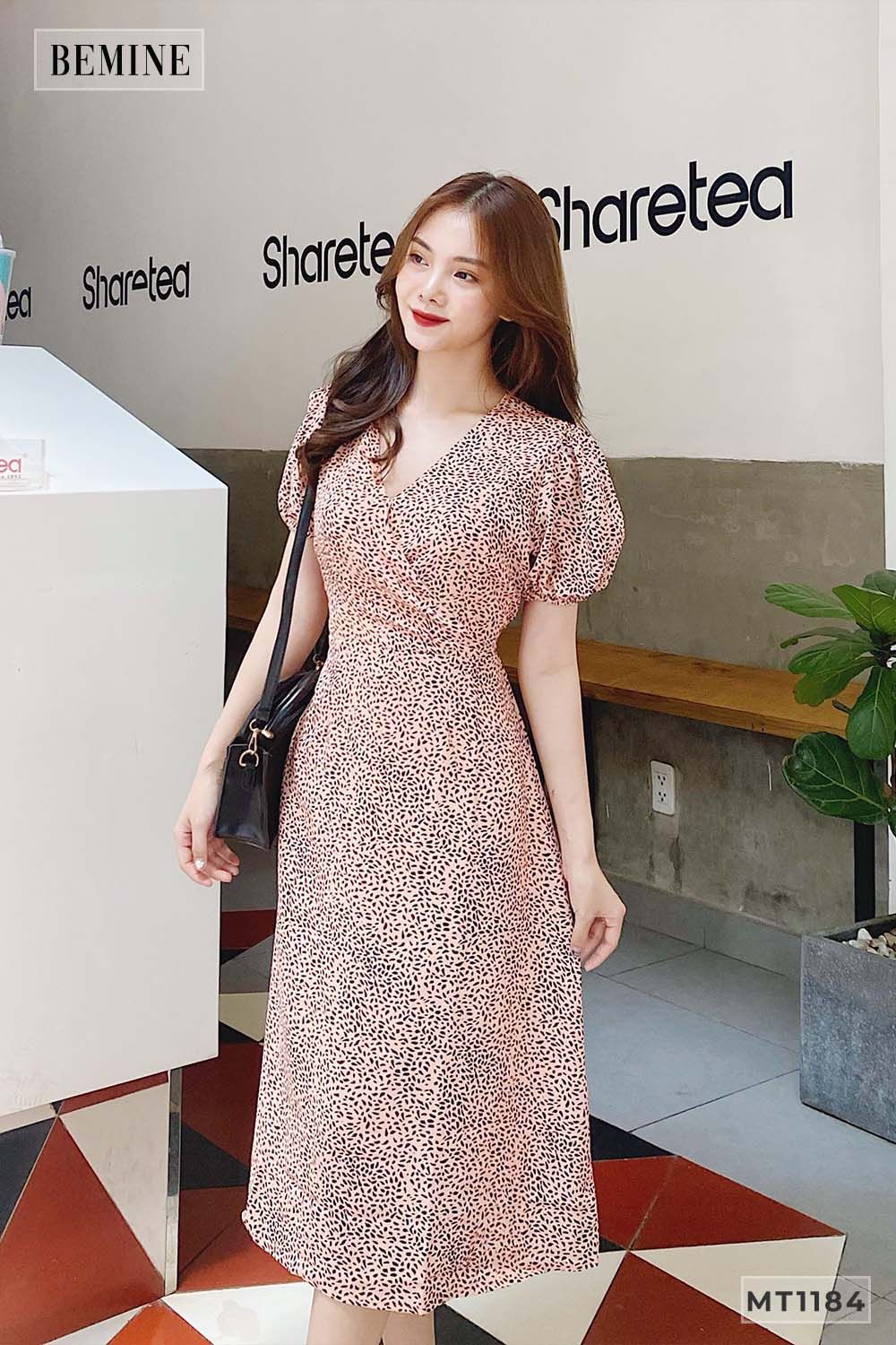 MT1184VANG - Đầm tay bồng cột nơ eo