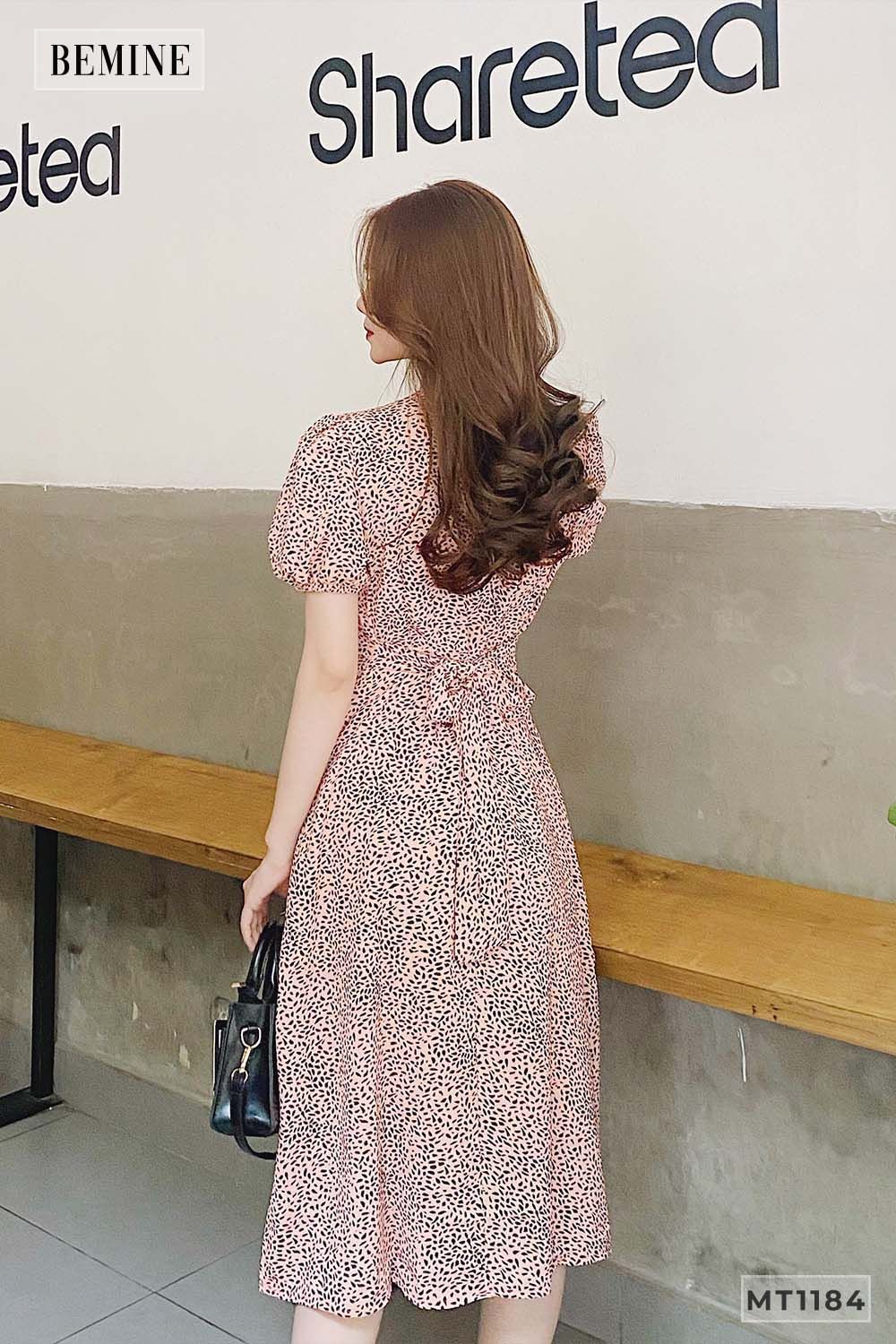 MT1184VANG - Đầm tay bồng cột nơ eo