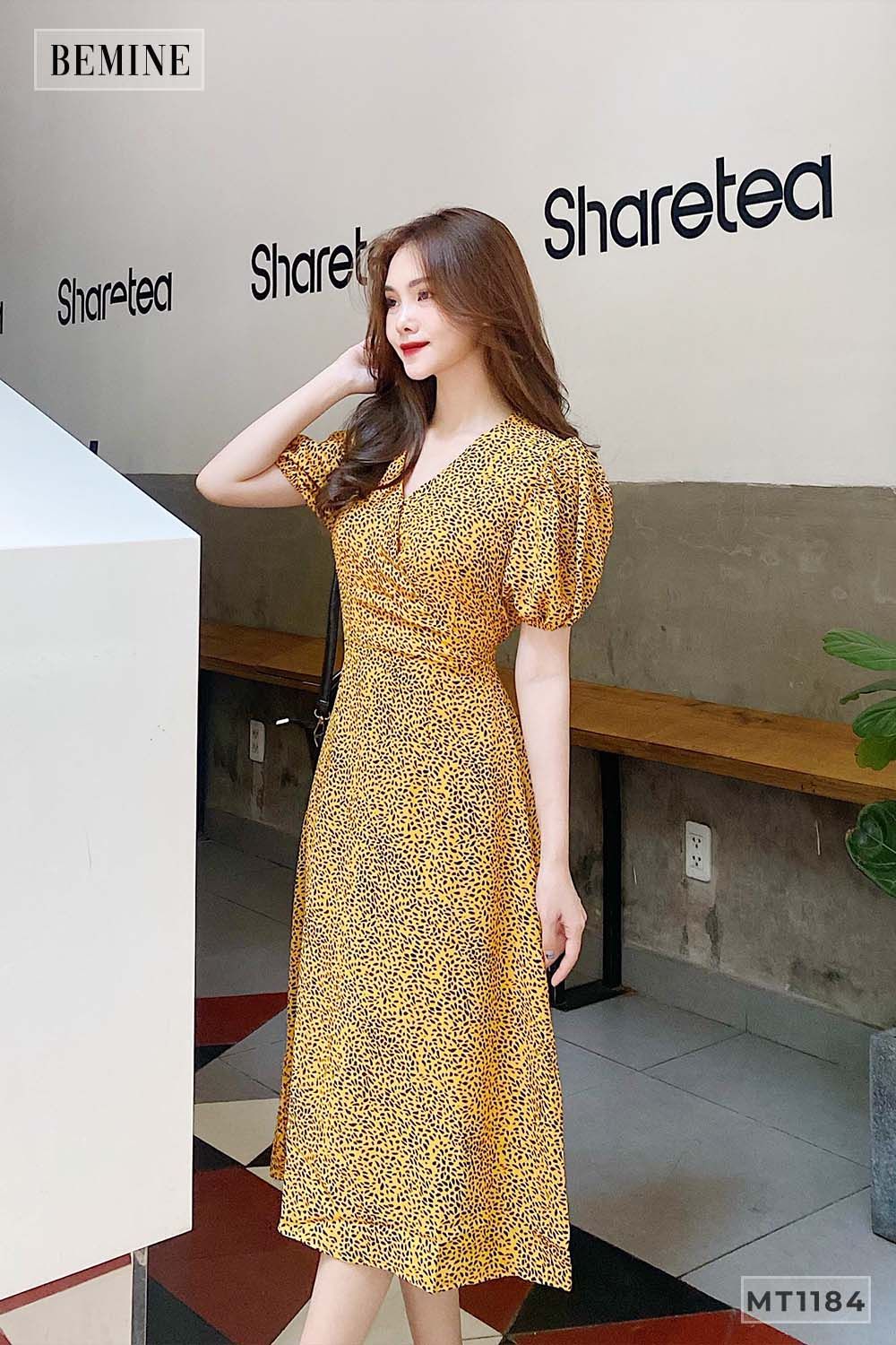 MT1184HONG - Đầm tay bồng cột nơ eo