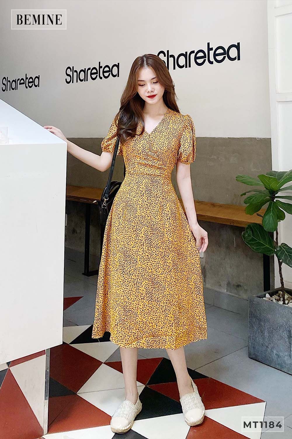 MT1184HONG - Đầm tay bồng cột nơ eo