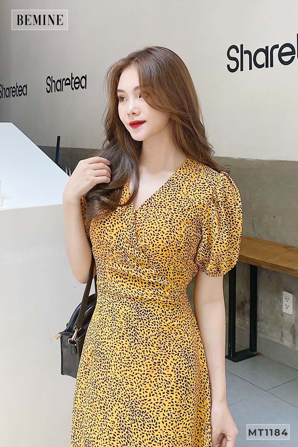 MT1184HONG - Đầm tay bồng cột nơ eo