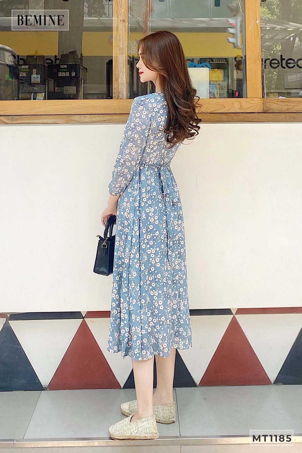 MT1185XANH - Đầm cổ tròn tay dài cột eo