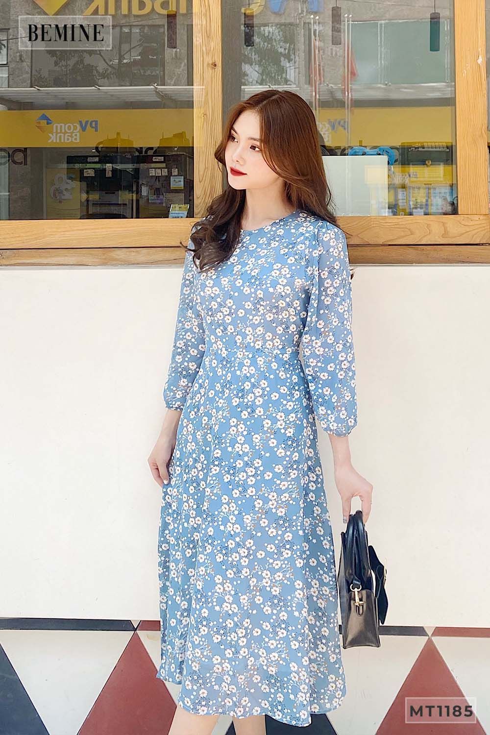 MT1185XANH - Đầm cổ tròn tay dài cột eo