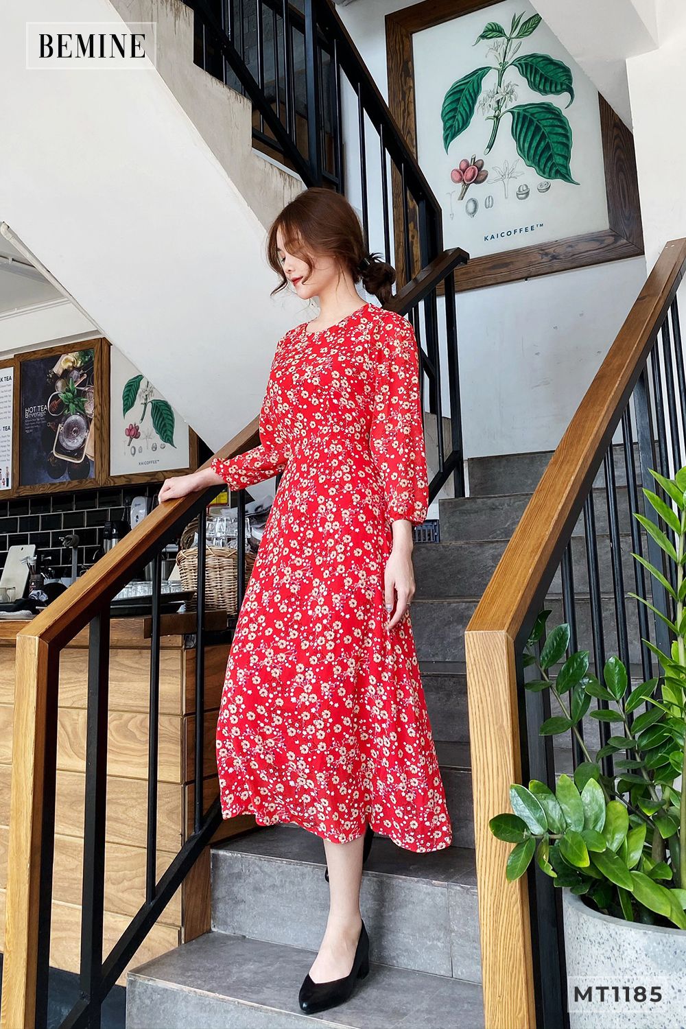 MT1185DO - Đầm cổ tròn tay dài cột eo