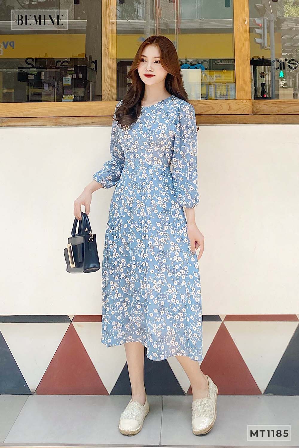 MT1185XANH - Đầm cổ tròn tay dài cột eo