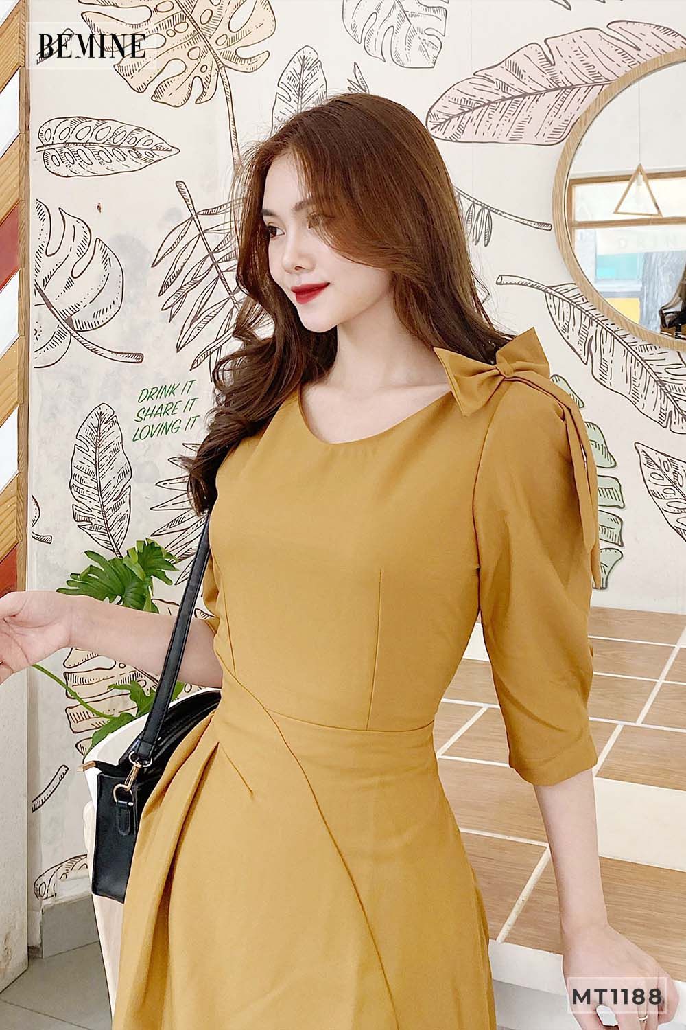 MT1188NAU - Đầm cổ tym xếp ly eo nơ vai