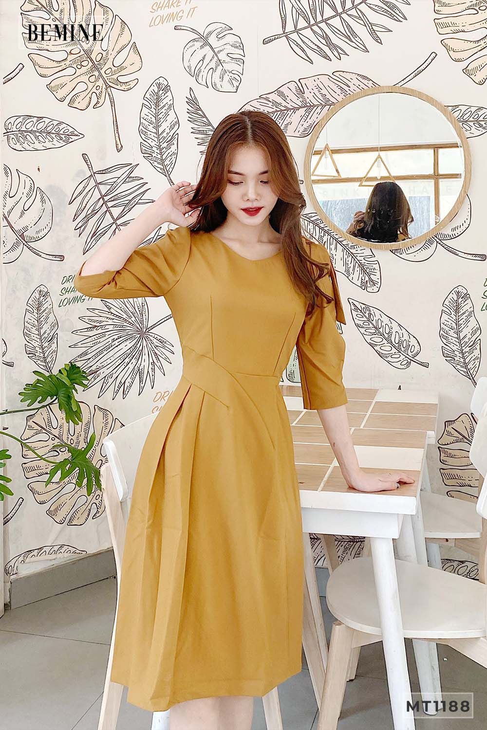 MT1188NAU - Đầm cổ tym xếp ly eo nơ vai