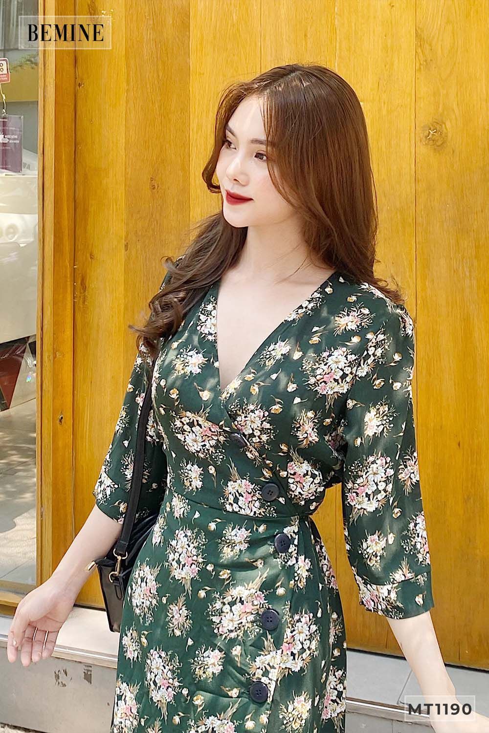 MT1190XANH - Đầm cổ tim đính nút cột eo
