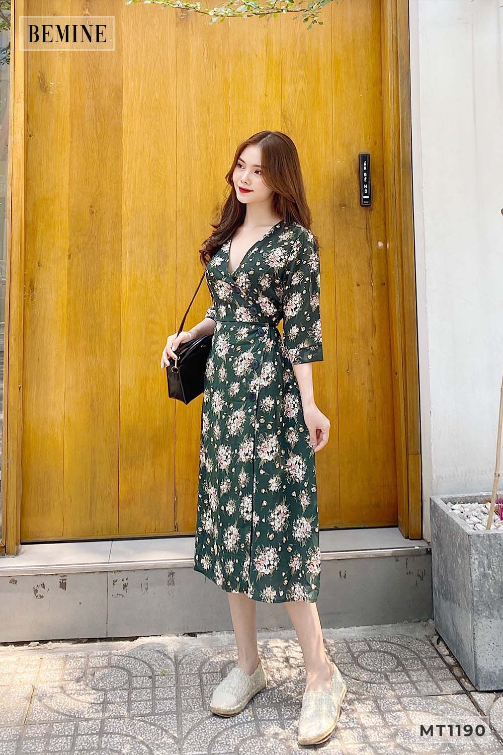MT1190XANH - Đầm cổ tim đính nút cột eo