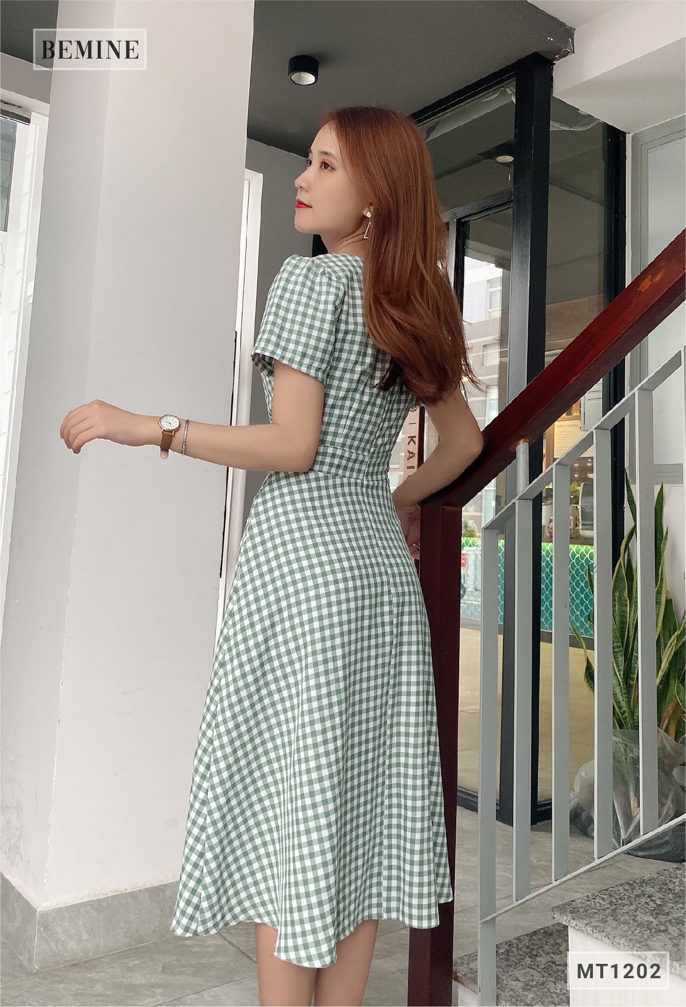 MT1202XANH - Đầm caro đắp chéo ngực