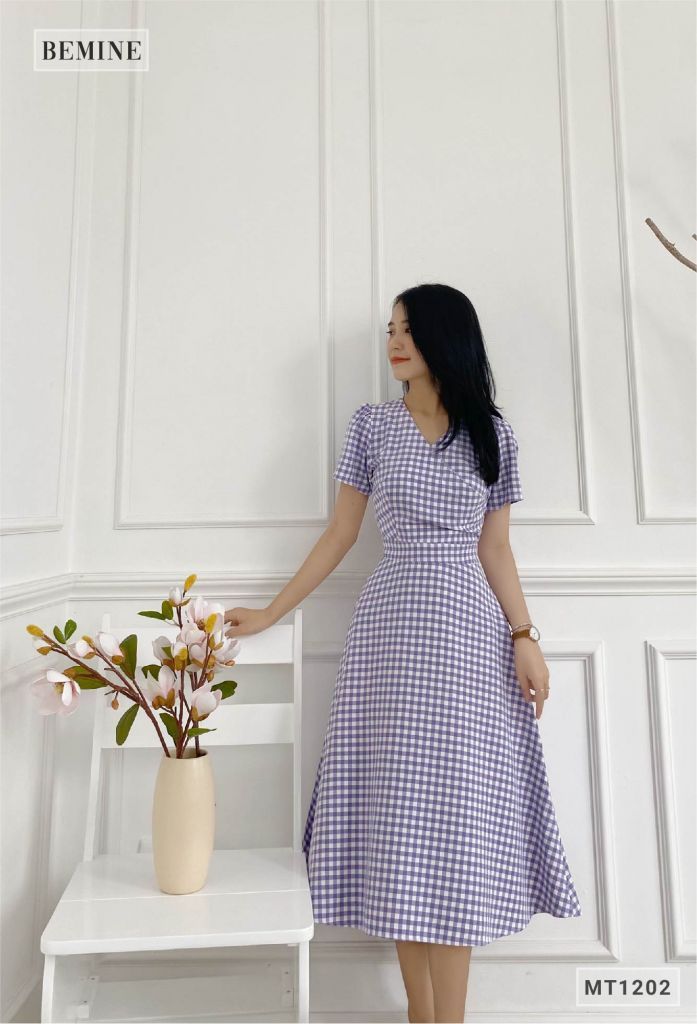 MT1202TIM - Đầm caro đắp chéo ngực