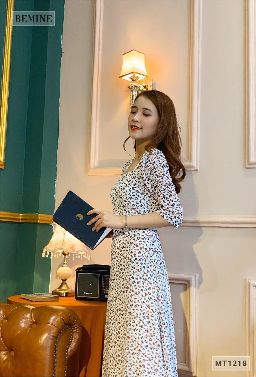 MT1218DA - Đầm bông cổ vuông dây eo