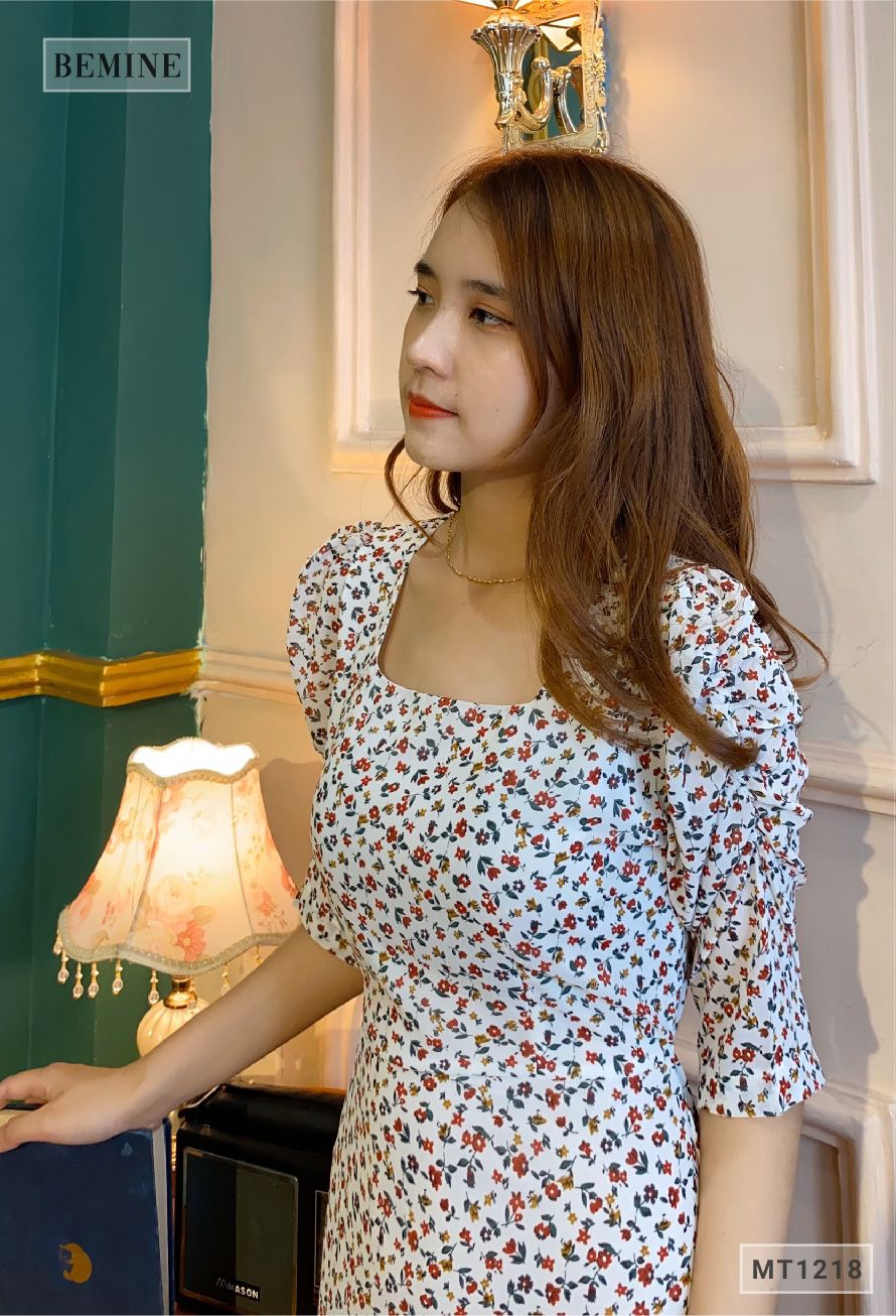 MT1218DA - Đầm bông cổ vuông dây eo