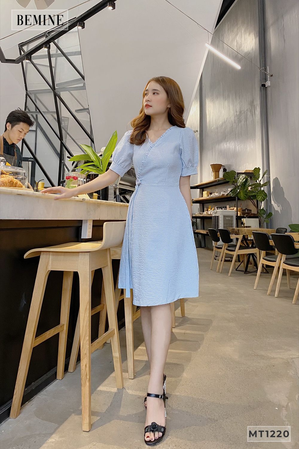 MT1220XANH - Đầm cổ tym đắp chéo nơ eo